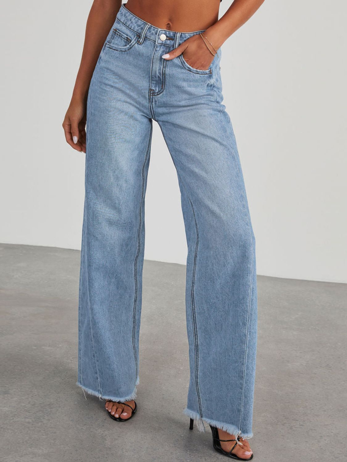 Wren Raw Hem Wide Leg Jeans with Pockets