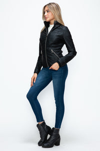 Faux Layered Double-Zipper Jacket with Fuzzy Hood In Black