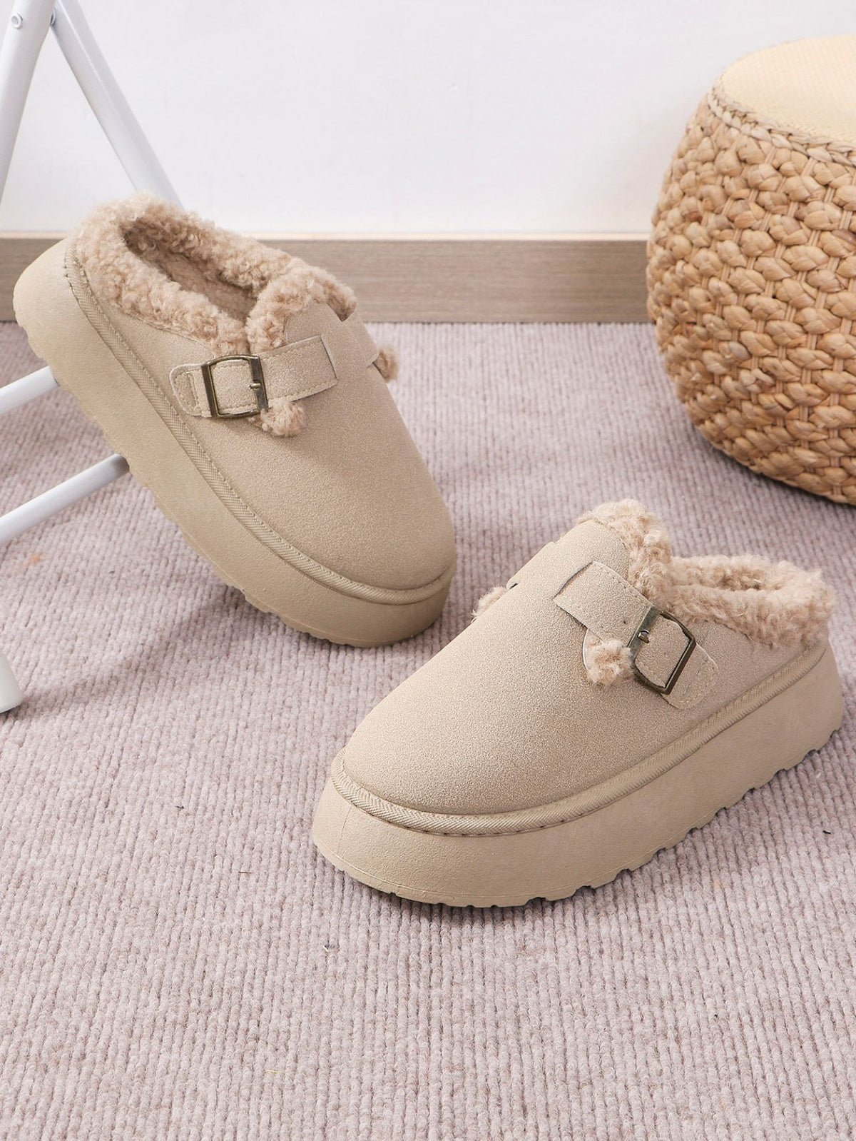 Thermal Fuzzy Buckle Platform Slippers In Multi Colors