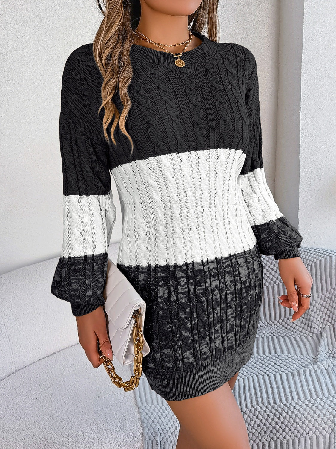 Abigail Cable-Knit Round Neck Color Block Sweater Dress In Multi Colors