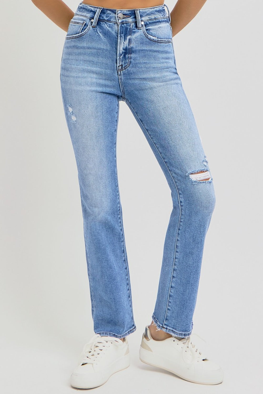 Lia Distressed High-Rise Ankle Straight Jeans