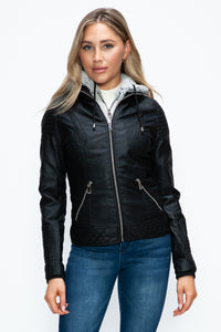 Faux Layered Double-Zipper Jacket with Fuzzy Hood In Black