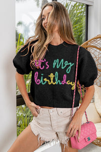 Happy Birthday Metallic Letter Puff Sleeve Sweater