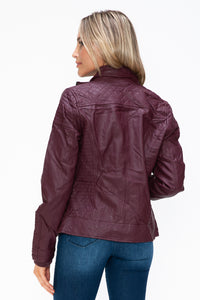 Faux Layered Double-Zipper Jacket with Fuzzy Hood In Wine