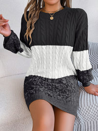 Abigail Cable-Knit Round Neck Color Block Sweater Dress In Multi Colors