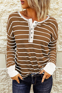 Striped Waffle Knit Henley Long Sleeve Top