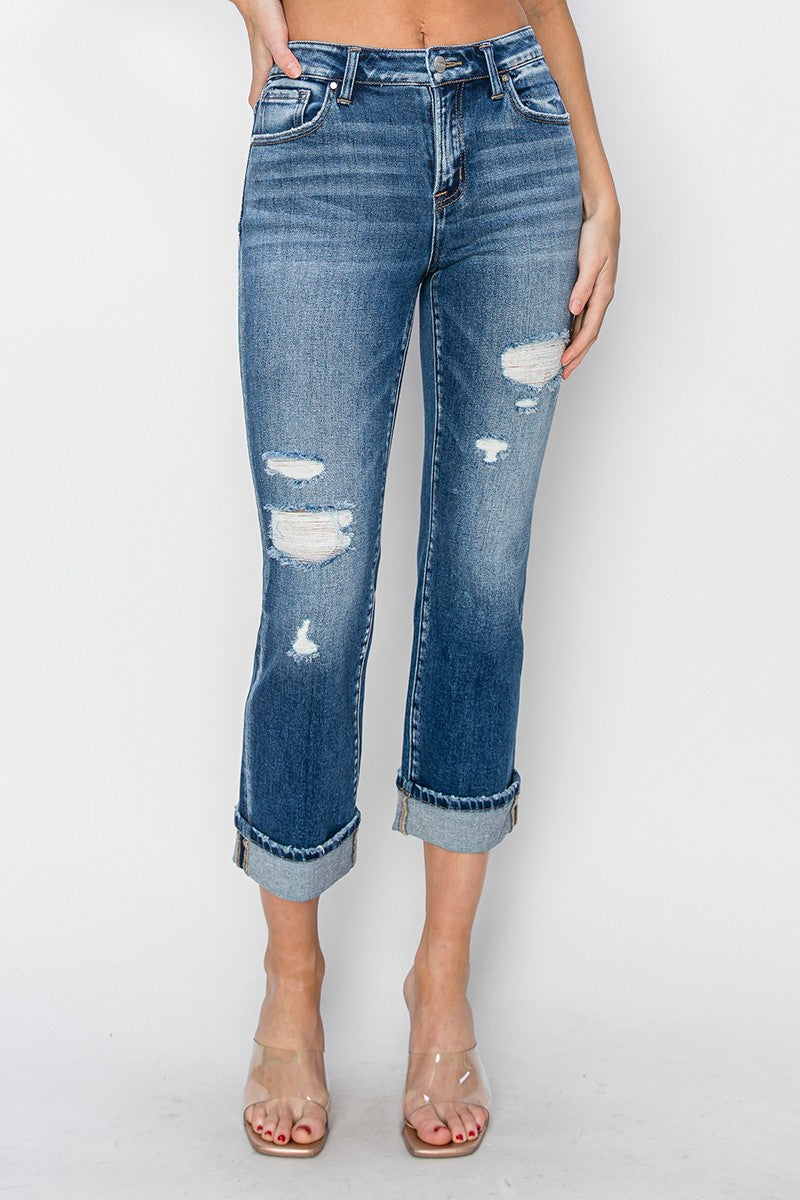 Charlee Cuffed Ankle Distressed Straight Jeans