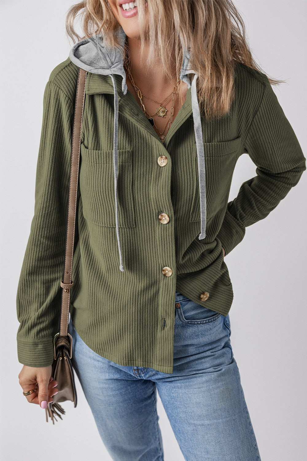 Drawstring Button Up Long Sleeve Hooded Jacket In Multi Colors