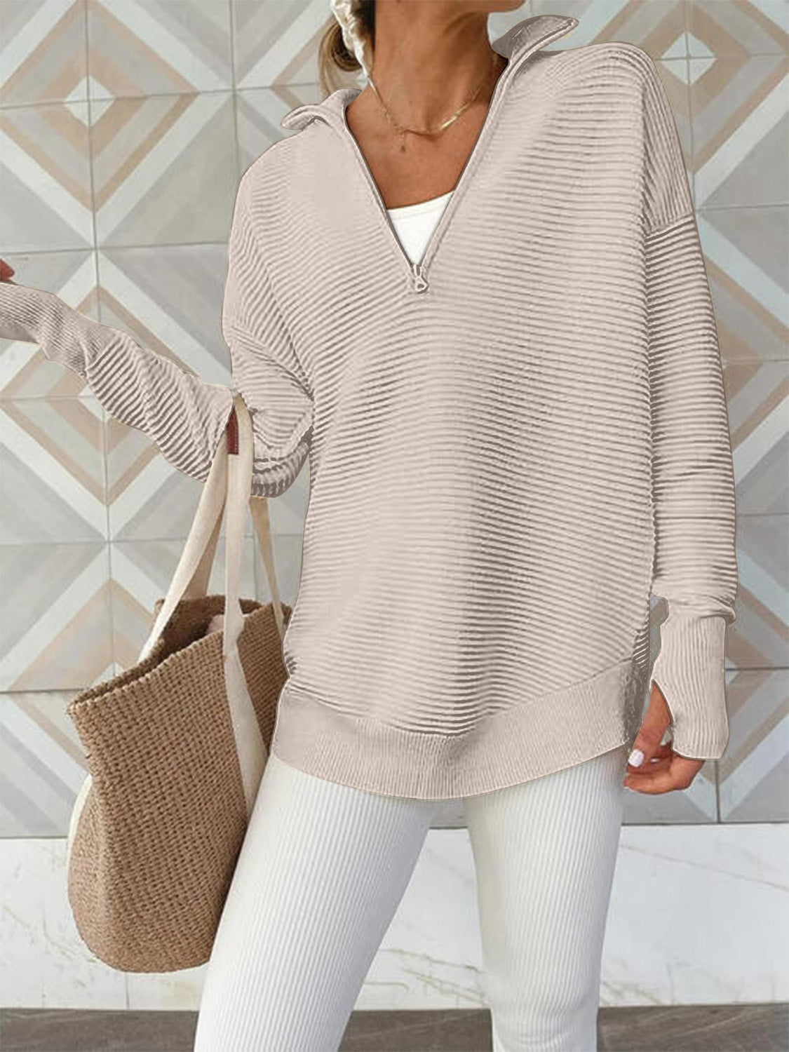 Half Zip Long Sleeve Knit Top In Multi Colors