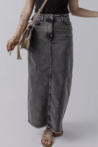 Hayden Raw Hem Midi Denim Skirt with Pockets