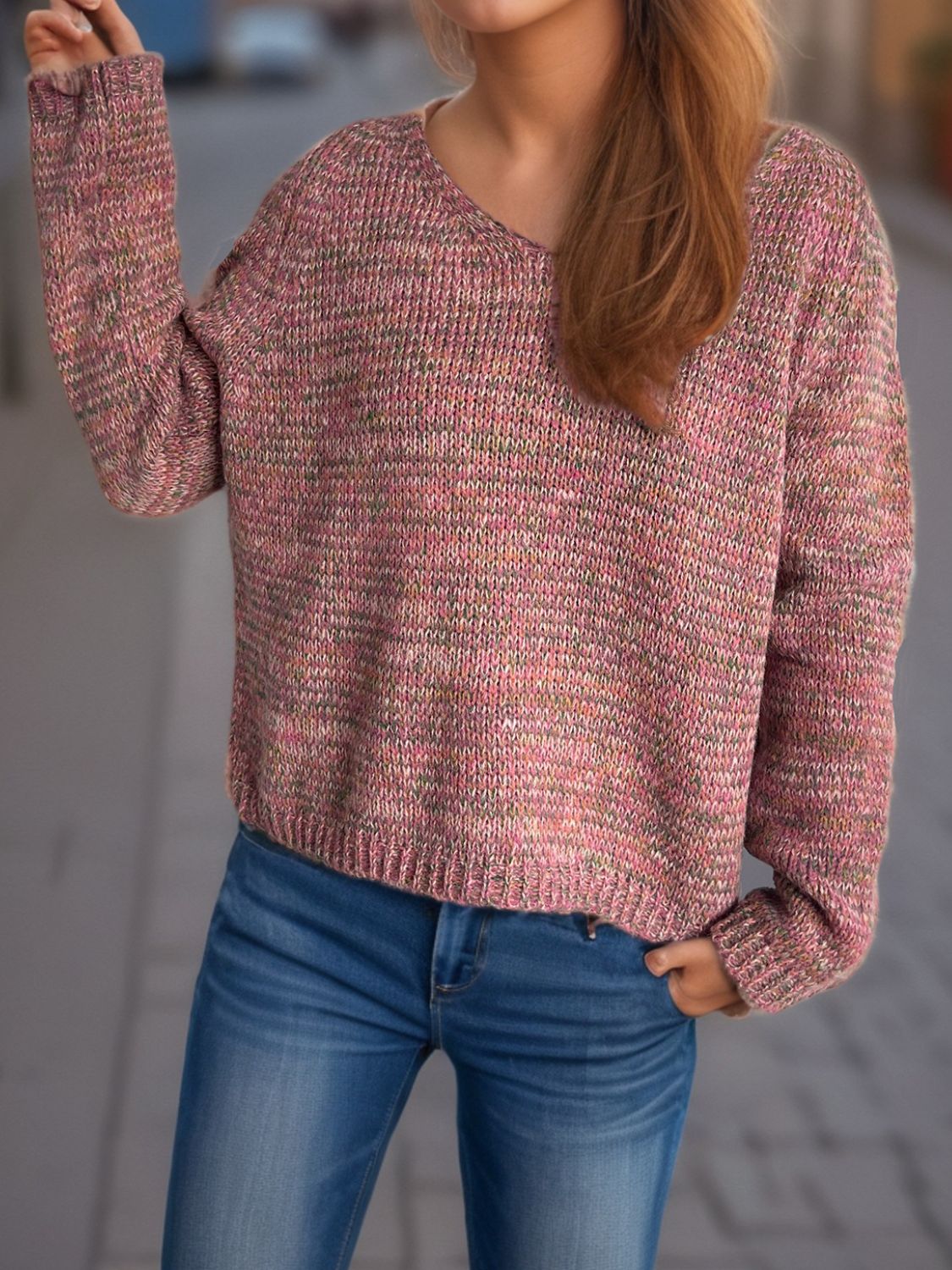 Willow Heathered V-Neck Long Sleeve Sweater