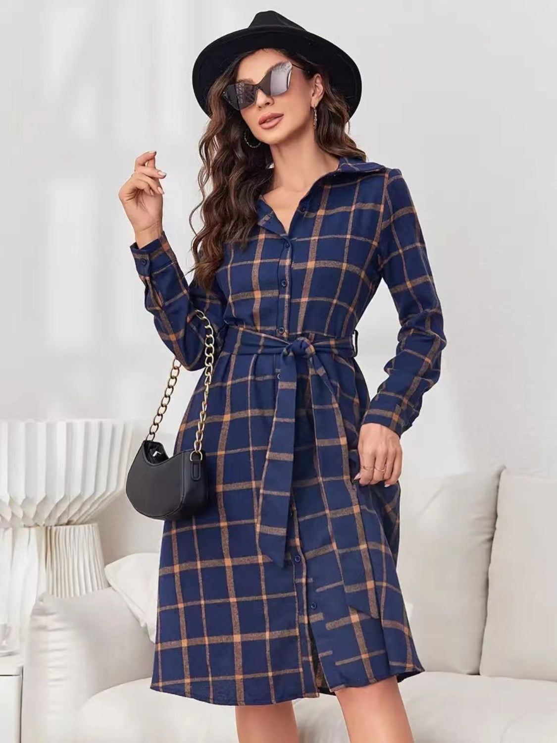 Alyssa Plaid Tie Waist Long Sleeve Dress