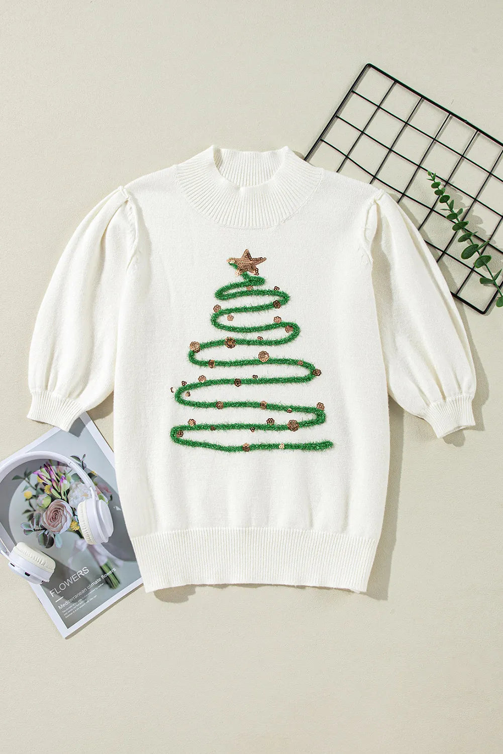 Christmas Tree Sequin Mock Neck Short Sleeve Sweater