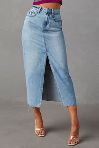 Amelia Slit Raw Hem Midi Denim Skirt