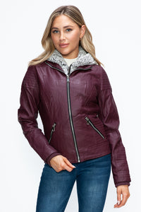 Faux Layered Double-Zipper Jacket with Fuzzy Hood In Wine