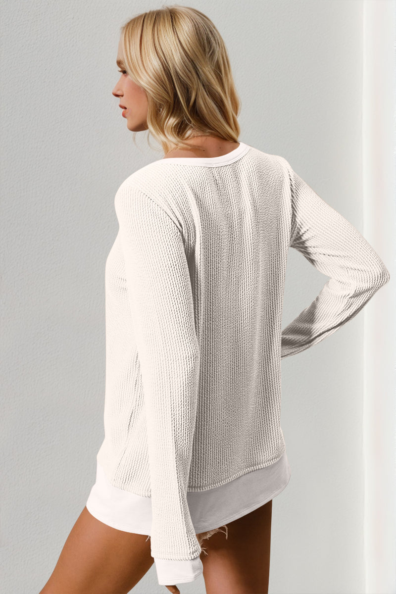 Double Take Corded Rib Thumbhole Cuff Round Neck Top In Two Colors