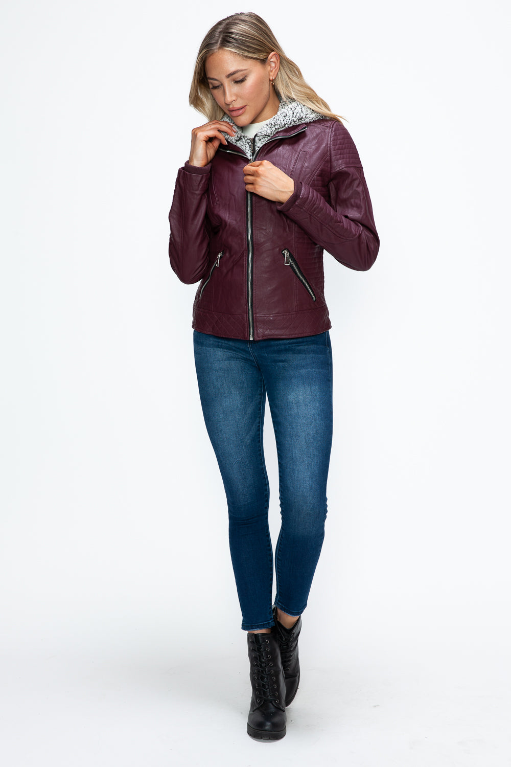 Faux Layered Double-Zipper Jacket with Fuzzy Hood In Wine