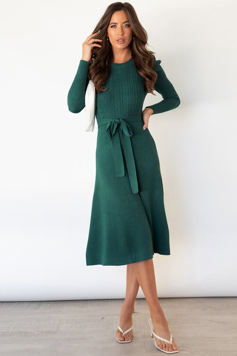 Round Neck Long Sleeve Tie Waist Sweater Dress In Multi Colors