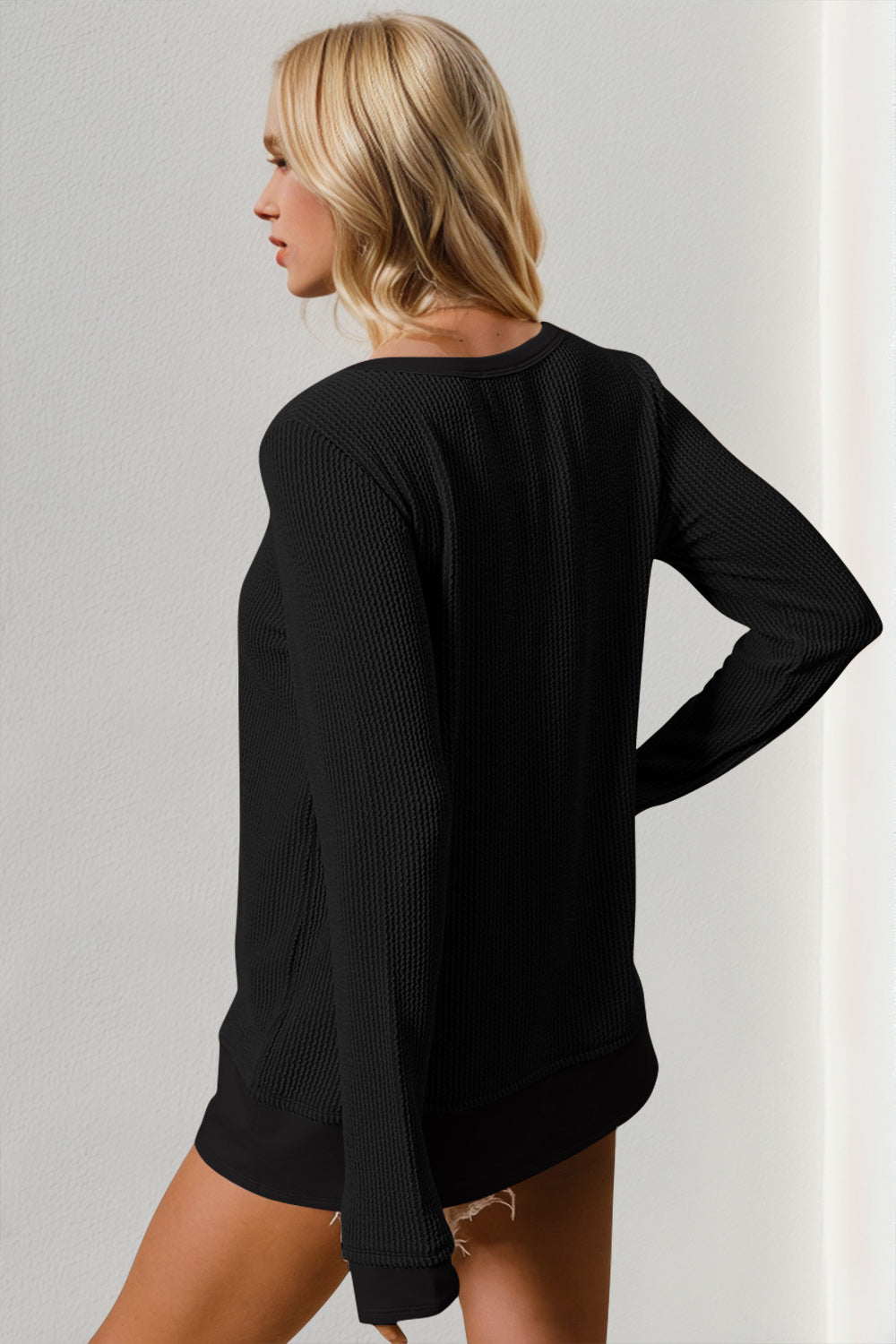 Double Take Corded Rib Thumbhole Cuff Round Neck Top In Two Colors