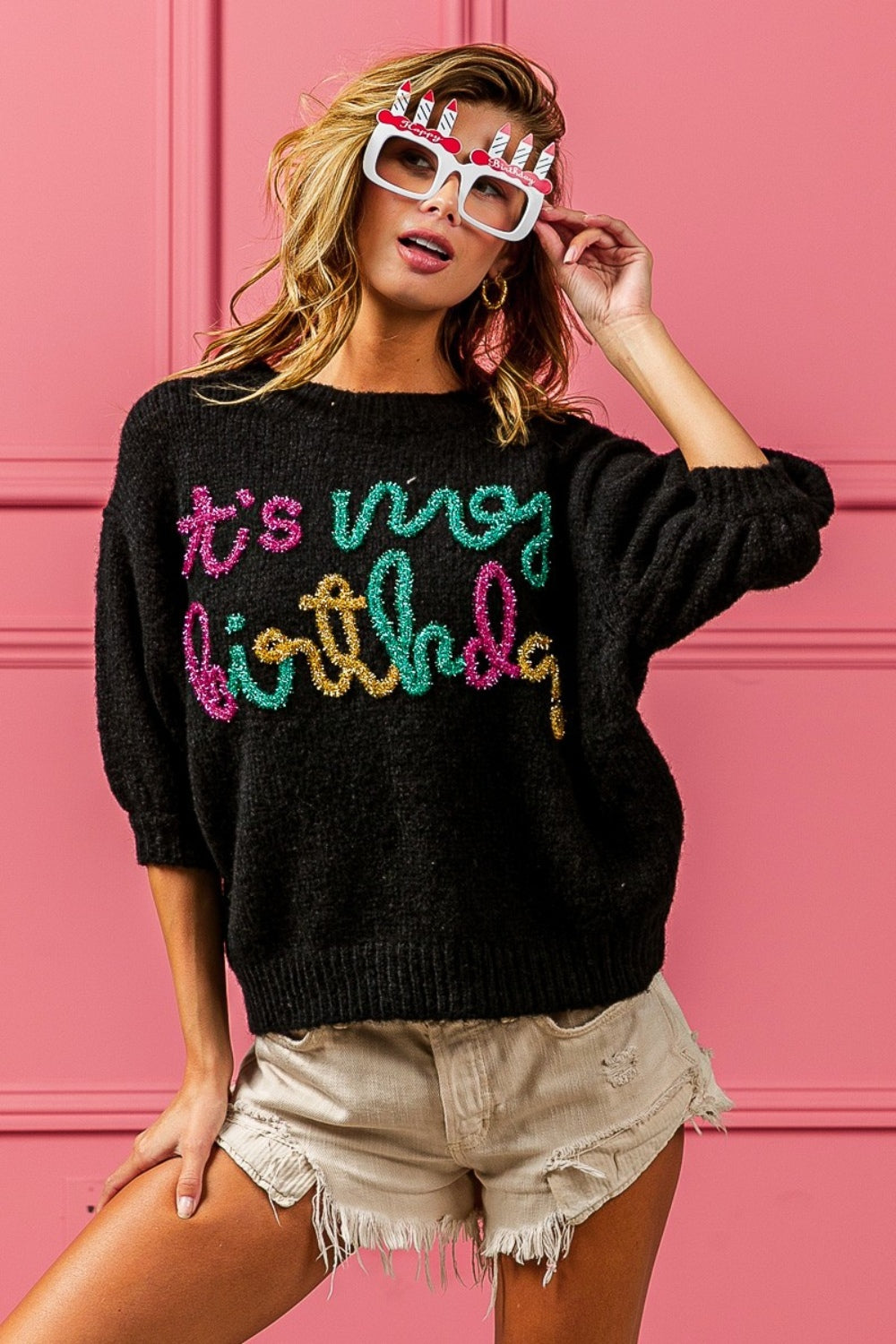 Happy Birthday Metallic Letter Puff Sleeve Sweater