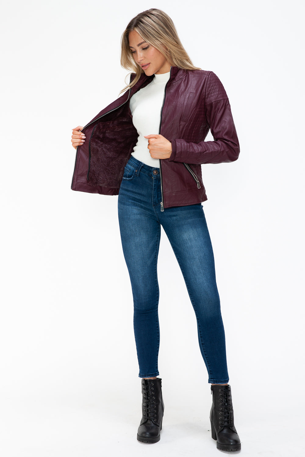 Faux Layered Double-Zipper Jacket with Fuzzy Hood In Wine