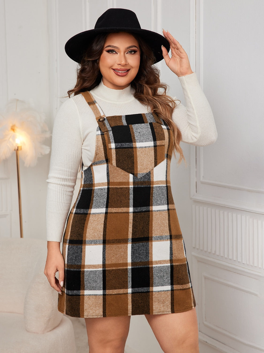 Leah Plus Size Plaid Wide Strap Overall Dress In Multi Colors