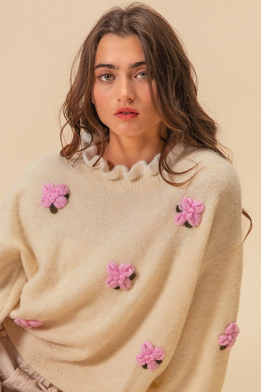 Ruffled Crochet Flower Dropped Shoulder Sweater