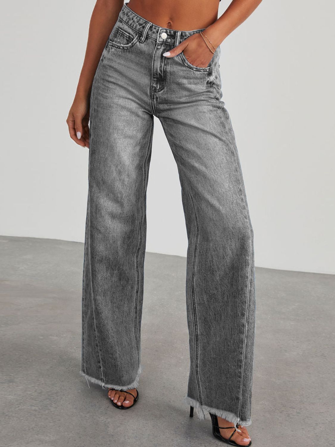 Wren Raw Hem Wide Leg Jeans with Pockets