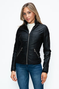 Faux Layered Double-Zipper Jacket with Fuzzy Hood In Black