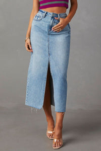 Amelia Slit Raw Hem Midi Denim Skirt