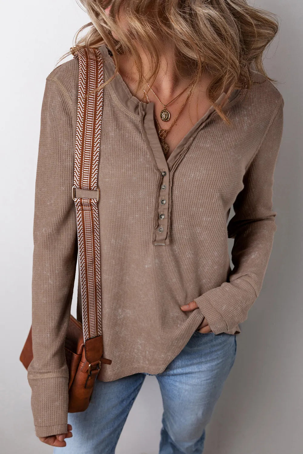 Grace Notched Long Sleeve Top In Multi Colors