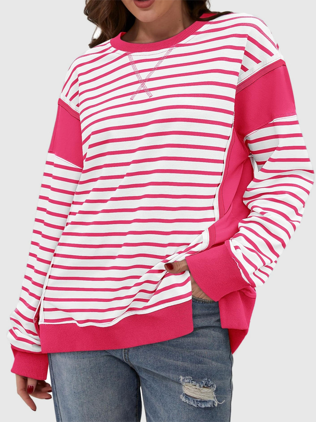 Clara Slit Exposed Seam Striped Sweatshirt In Multi Colors