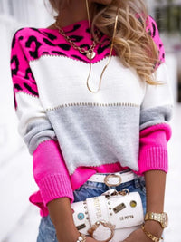 Leopard Color Block Round Neck Long Sleeve Sweater In Multi Colors