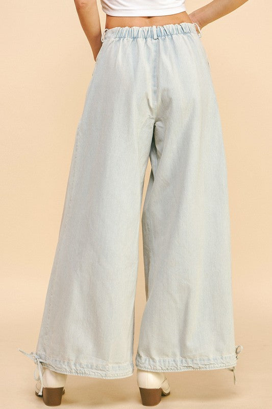 Drawstring Hem Wide Leg Mid Rise Jeans