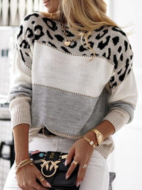 Leopard Color Block Round Neck Long Sleeve Sweater In Multi Colors