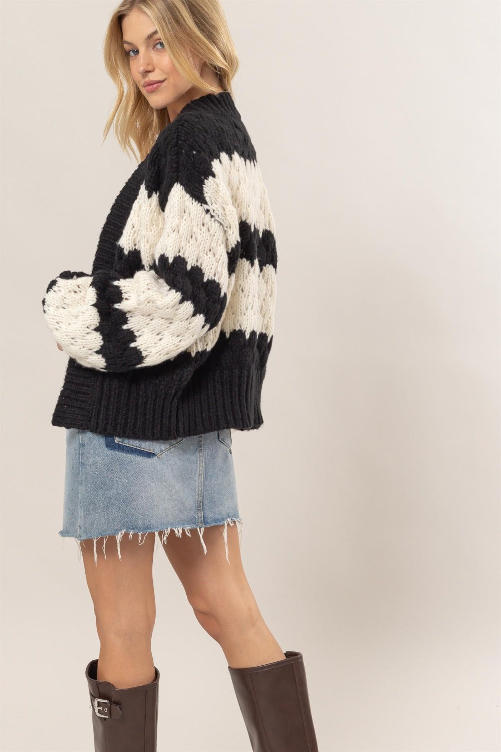 Nova Scallop Striped Open Front Sweater Cardigan