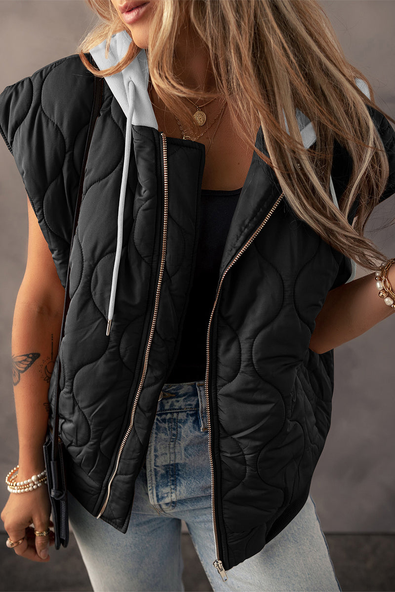 Juliana Drawstring Zip Up Hooded Vest In Multi Colors