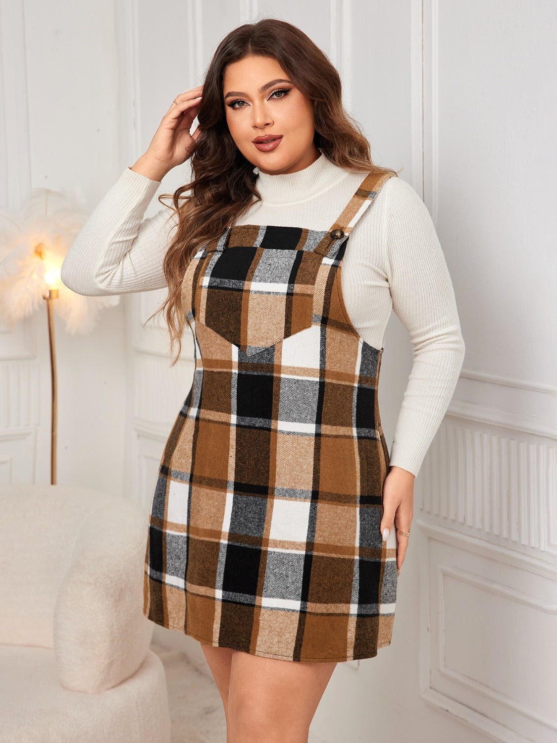 Leah Plus Size Plaid Wide Strap Overall Dress In Multi Colors