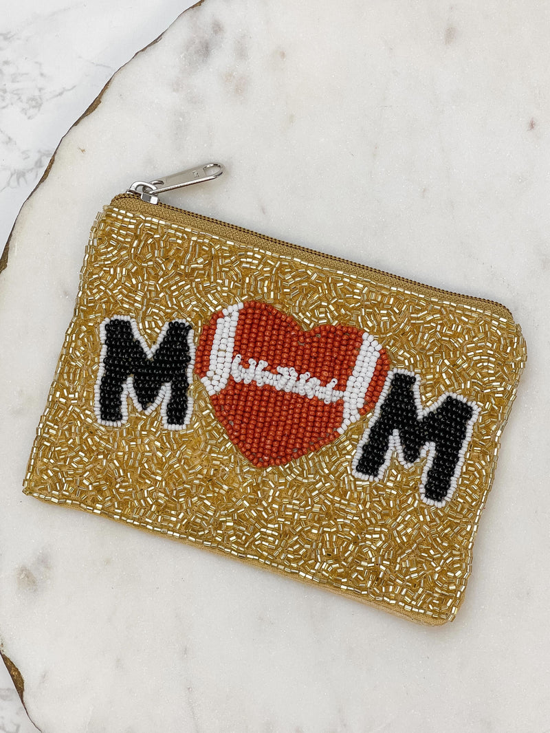 PREORDER: Football Heart 'Mom' Beaded Zip Pouch in Two Colors