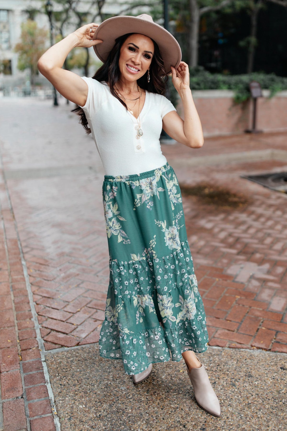 Zoe Floral Midi Skirt in Hunter Green